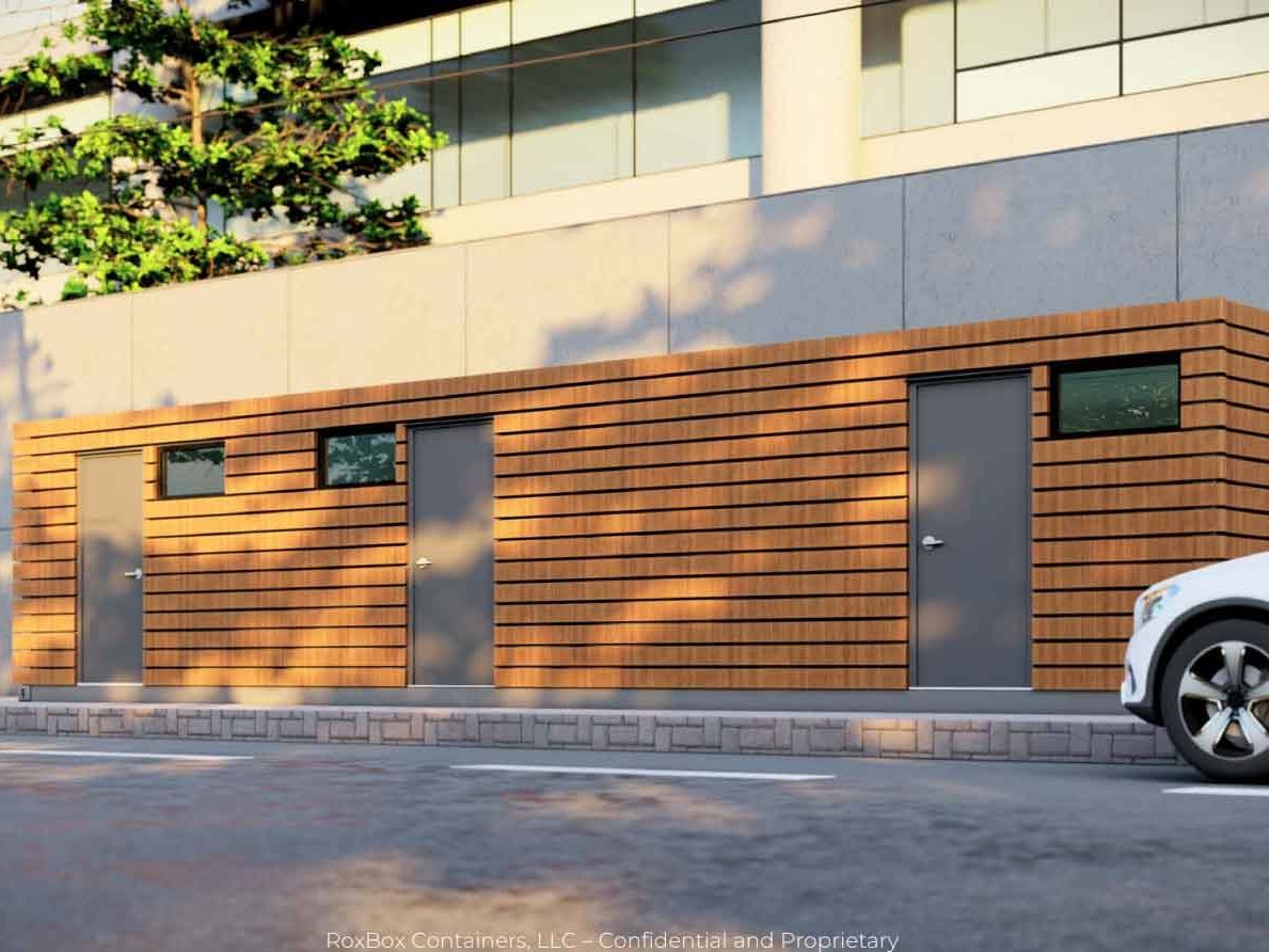 Rendering of one of ROXBOX Containers healthcare shipping container units, used for ICU/exam rooms, vaccine distribution, laboratories, drive-thru covid testing, treatment rooms, and more.