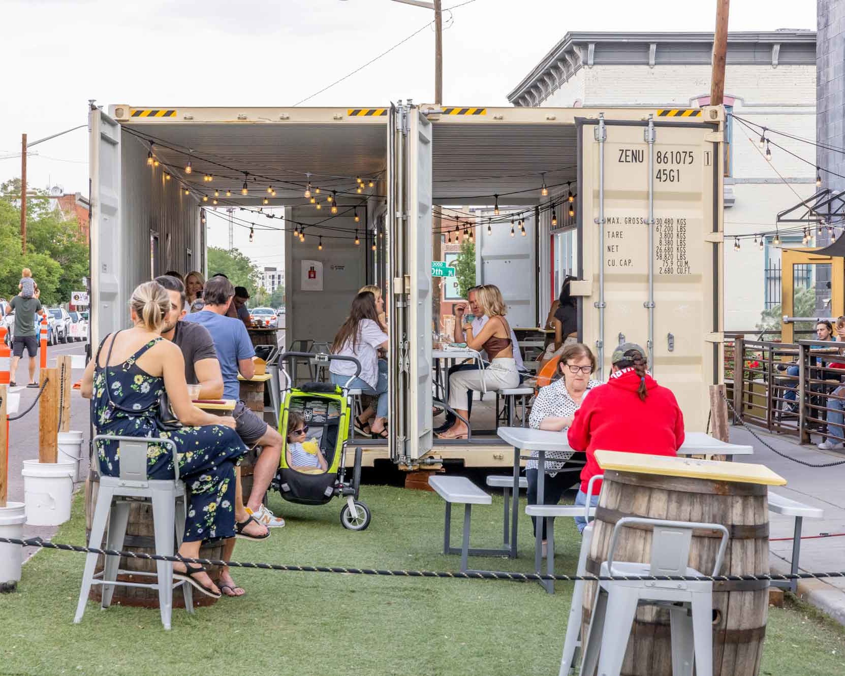 The Block Distilling Company custom shipping container patio seating area built by ROXBOX Containers.